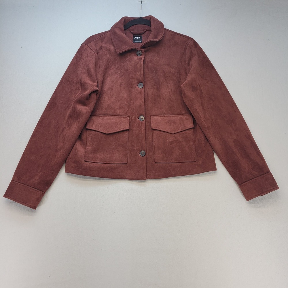 Zara Faux Suede Jacket Womens Large Burgundy Utility Button Front Flap Pockets